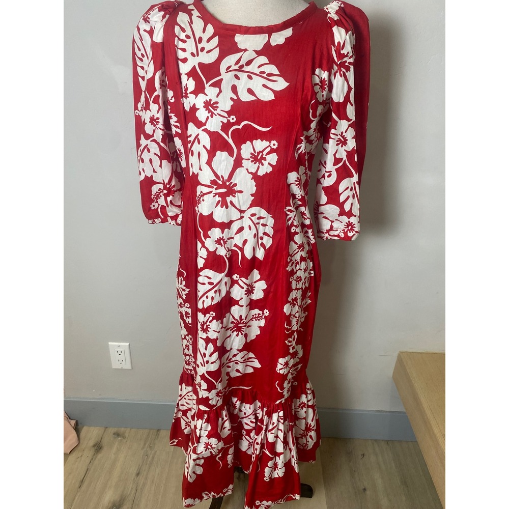 Vintage 80s Red White Hibiscus Floral Maxi Dress Puff Sleeve Ruffle Hem Sheath